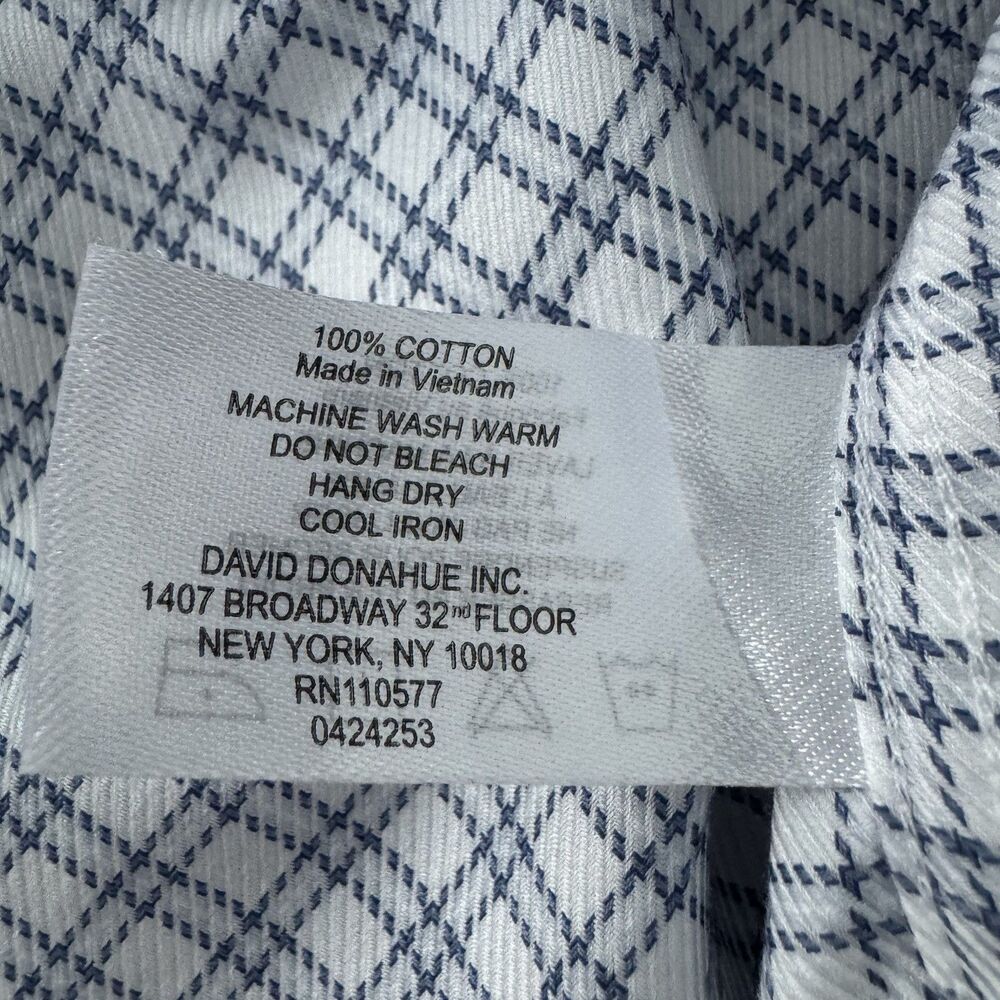 David Donahue Trim Fit‎ Dress Shirt Mens 14.5 32/33 White Blue Plaid Check Slim - Picture 12 of 14